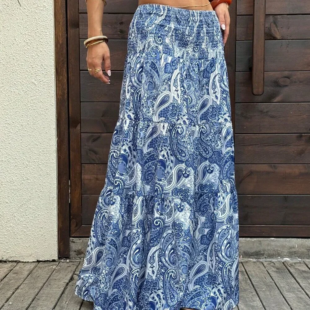 Blue Boho Women's Casual paisley Printed A-Line Long maxi Skirt